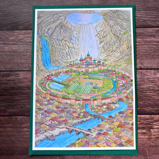 Colorful map or illustration of a city on a wooden surface